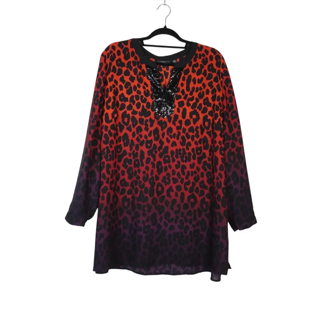Susan Graver Artisan Womens Ombre Jaguar Print‎ Sequined Blouse Size 22W Holiday